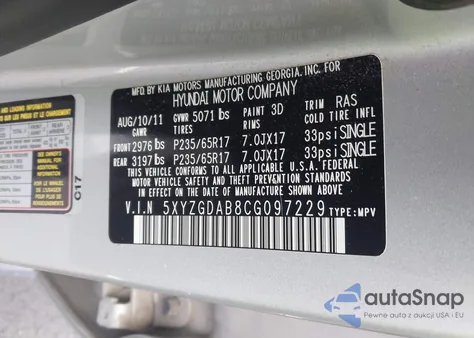 2012 Hyundai Santa Fe Gls z USA, uszkodzony, nr VIN 5XYZGDAB8CG097229